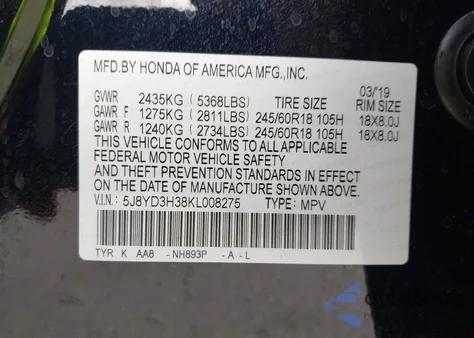 2019 Acura Mdx Standard z USA, uszkodzony, nr VIN 5J8YD3H38KL008275